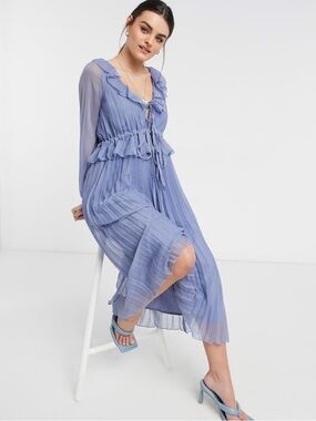 ASOS Dusty Blue Pleated Midi Dress Ruffle Boho Romantic Long Sleeve